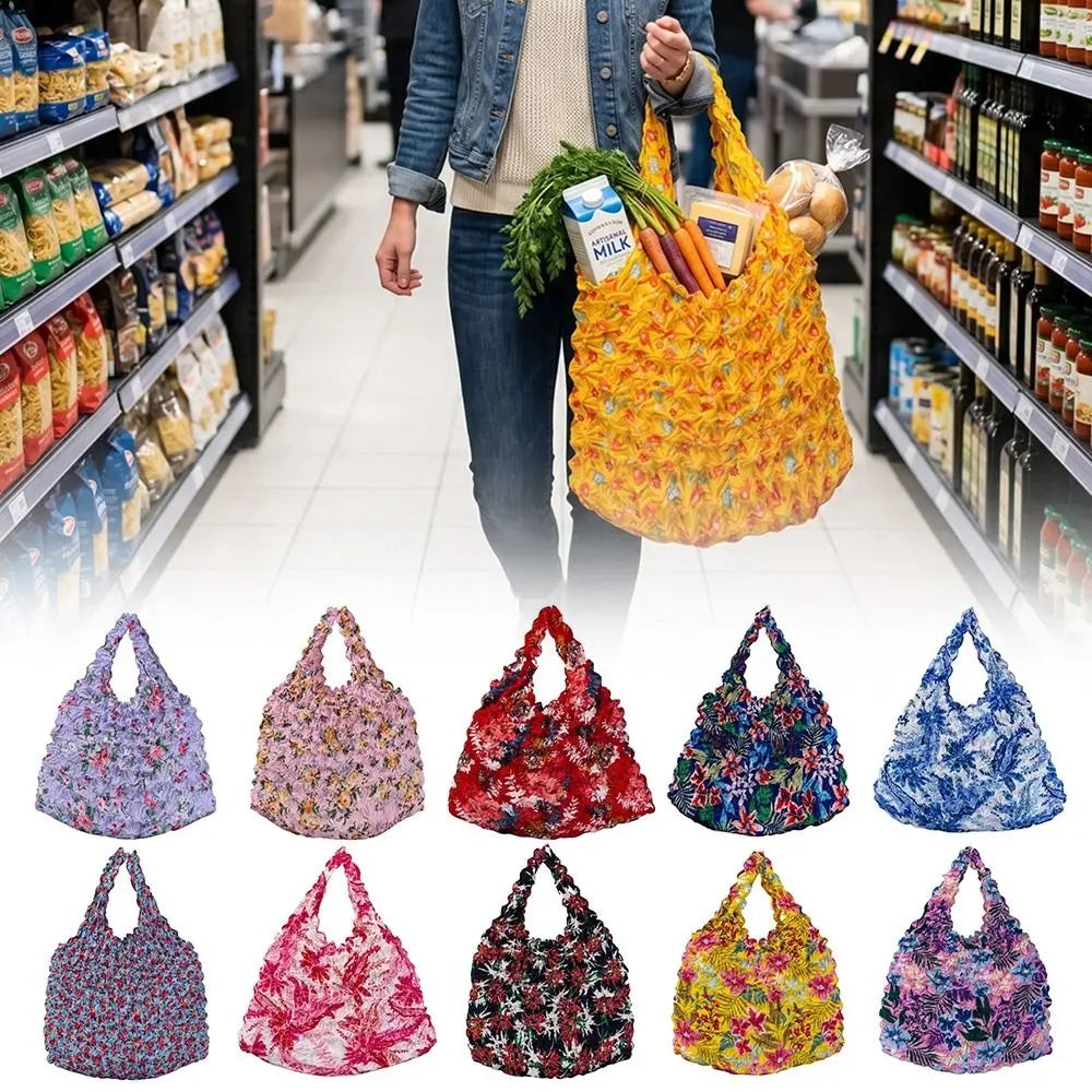 A collection of floral patterned fabric shopping tote bags in various colors and designs.