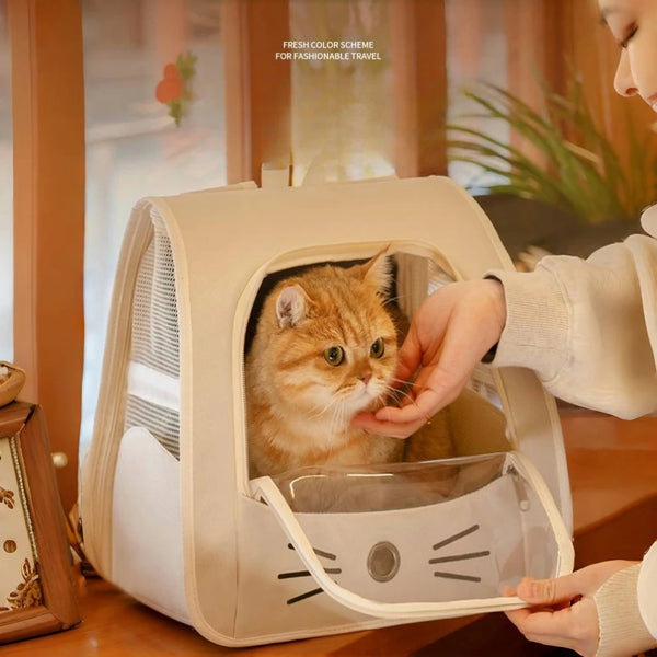 Une personne tient un sac à dos pliable pour animaux de couleur beige clair avec une fenêtre transparente, montrant un chat t