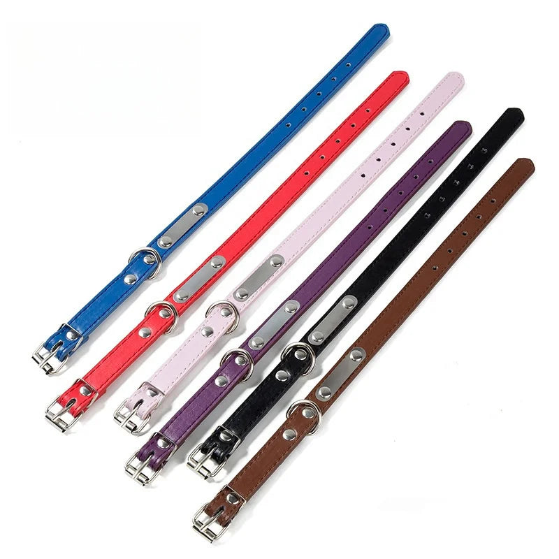 A set of five personalized PU leather dog collars in various colors including blue, red, purple, and brown.