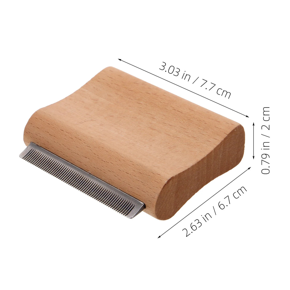A wooden horse grooming brush with a stainless steel scraper shown from the side.