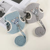 A gray and teal adjustable nylon dog harness and leash set with a circular tag and coiled leash.