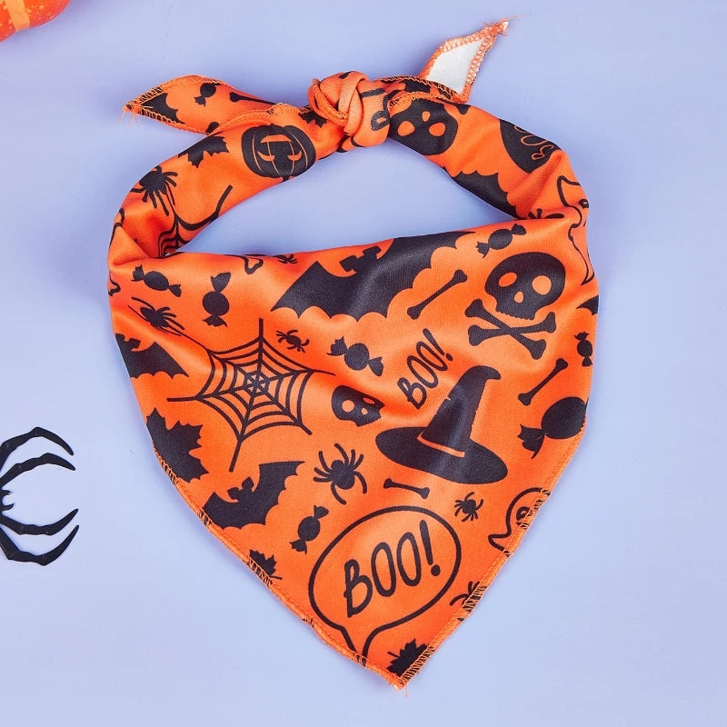 Halloween Dog Bandana with Pumpkin and Spider Web Design