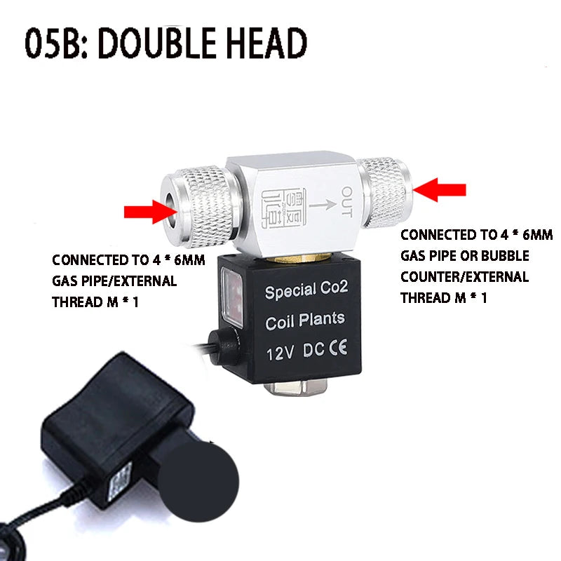 A silver CO2 solenoid valve regulator with a double head is shown connected to a 12V DC source and a black connector.