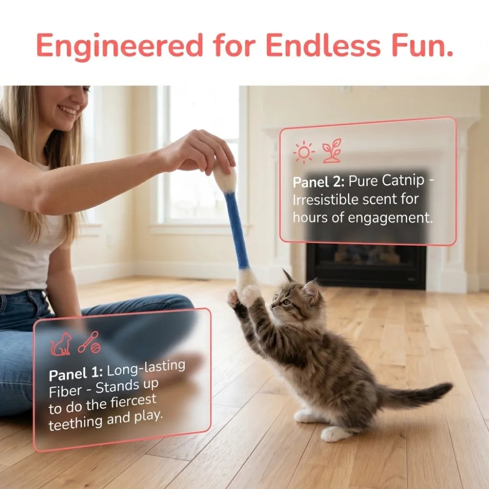 A cat plays with a blue cotton swab toy while a person prepares to use it for dental care.