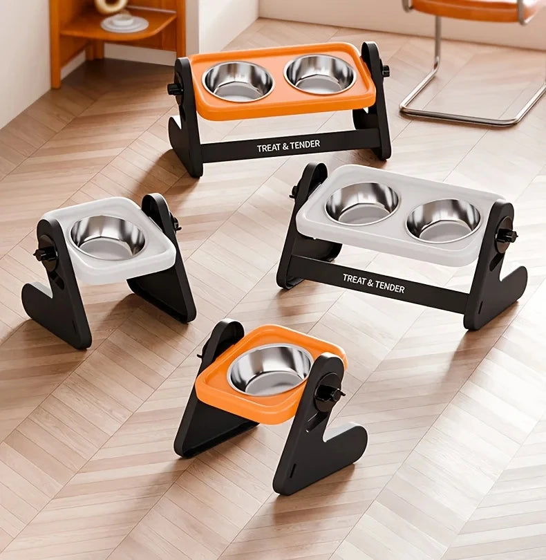 Three adjustable raised cat bowls in orange and white are displayed on a wooden floor.