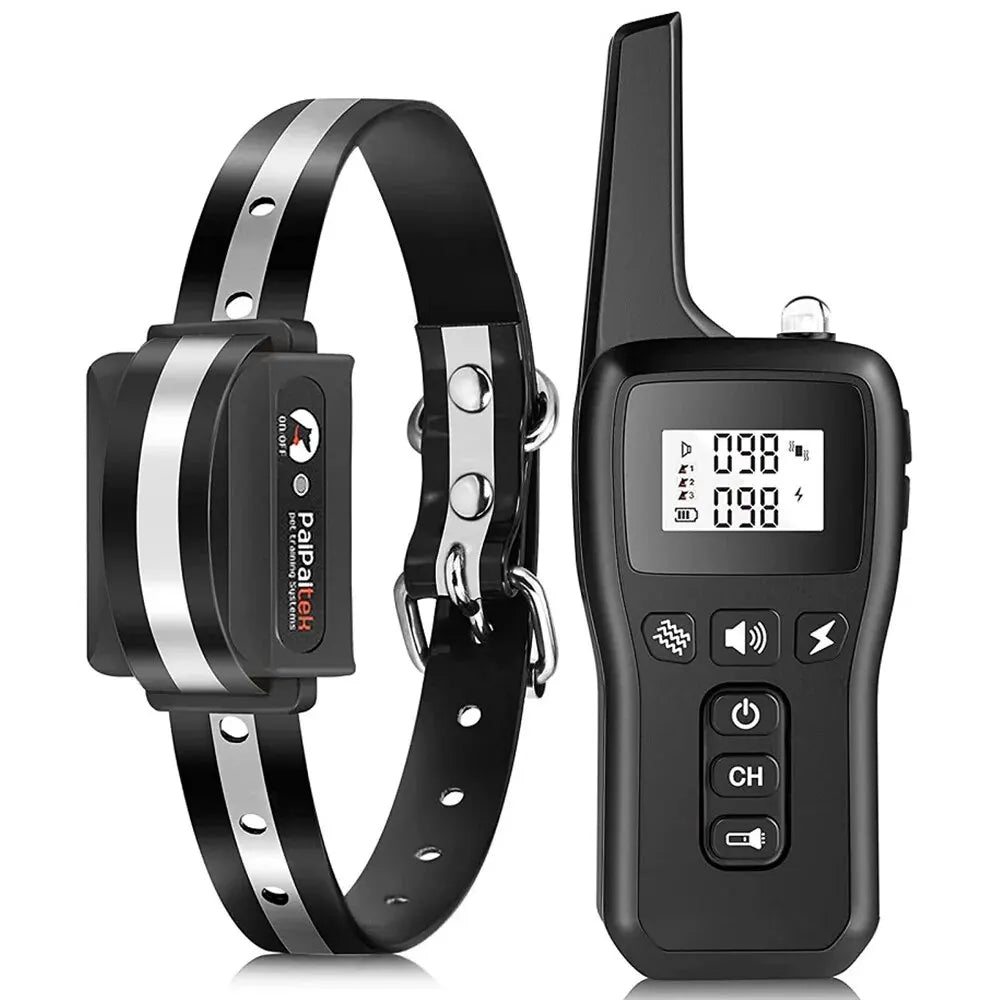 A black dog bark collar and its corresponding remote control are shown side by side.