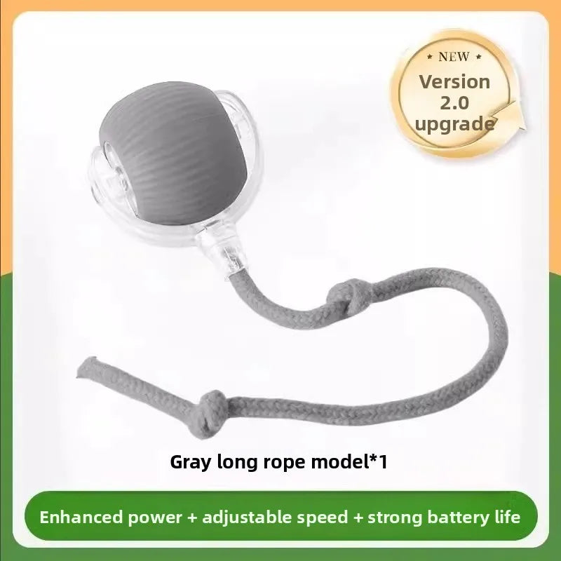 Gray long rope model of a smart self-rolling cat ball toy with an adjustable speed and strong battery life.
