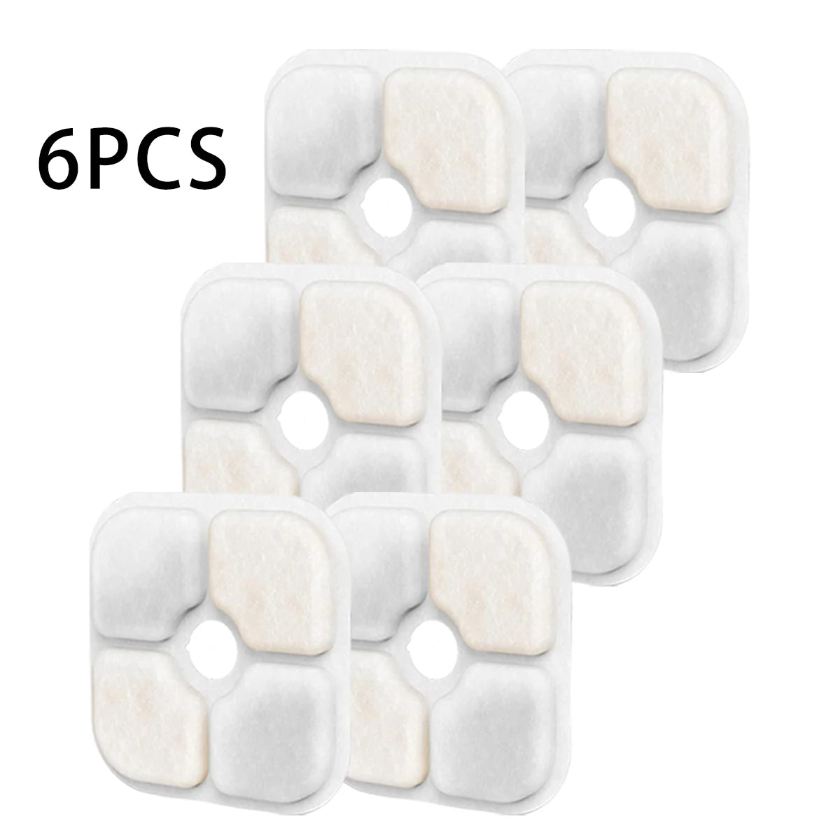 Six replacement filters for a cat water fountain, white and beige, shown in a group.