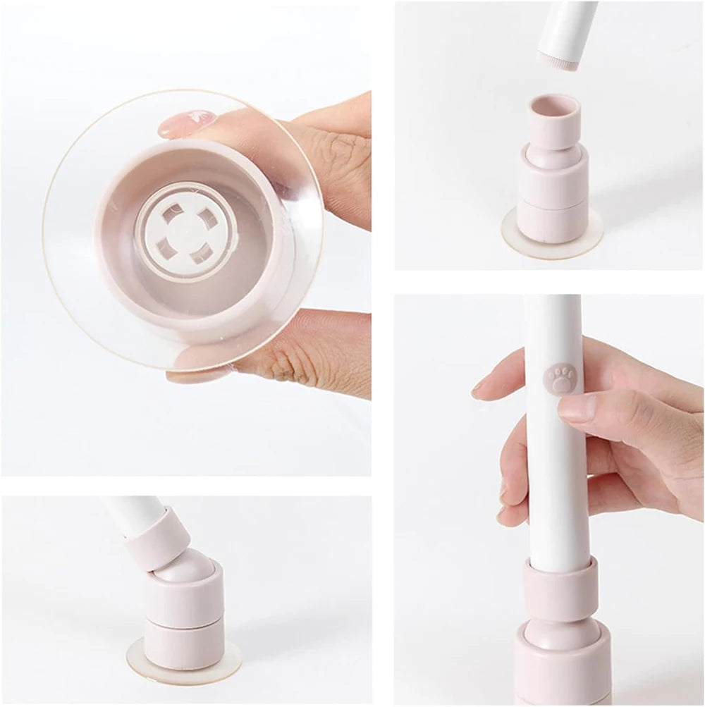 A pink electric rotating butterfly cat toy with a suction cup base shown in various angles.