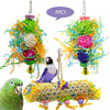 Three colorful parrot shredder toys made of natural wood and fibers, with one green parrot visible.