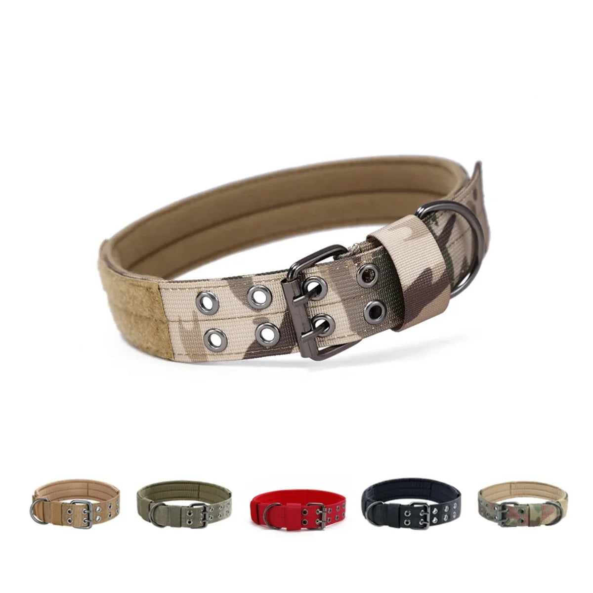 A brown camouflage tactical dog collar shown in various colors and materials.