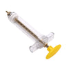 A clear plastic parrot feeding syringe with a soft yellow hose and a metal tip.