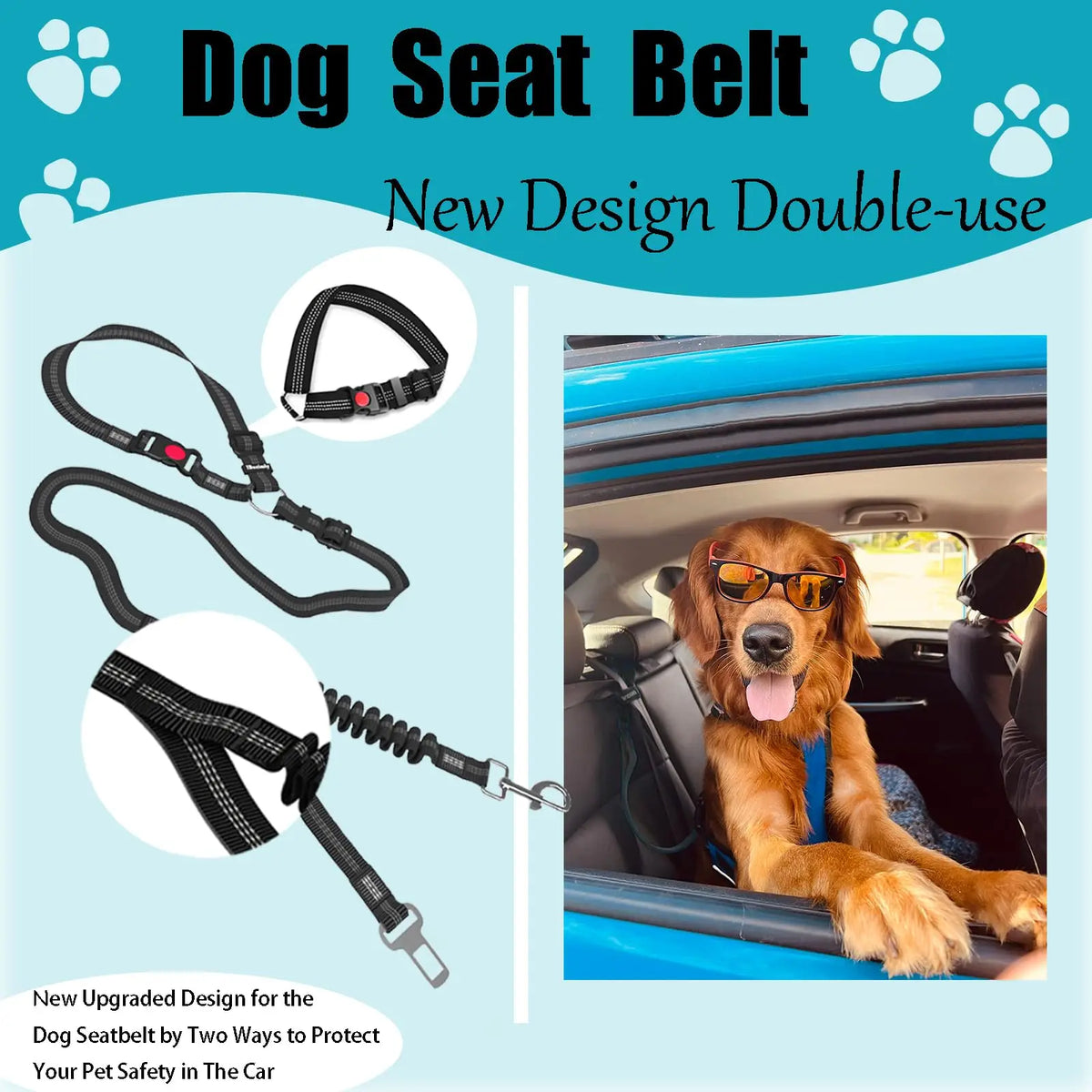 A brown dog is sitting in a car seat with a black nylon dog seat belt visible.