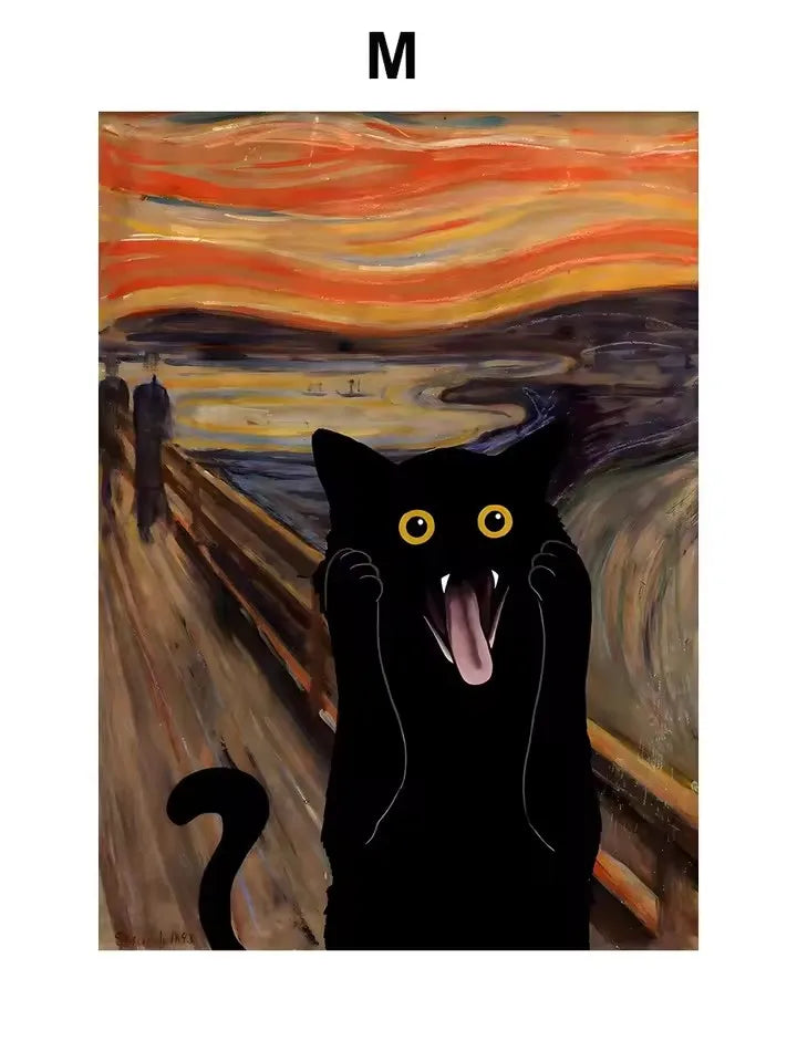 A dark silhouette of a cat with glowing yellow eyes against an orange and yellow sunset sky.