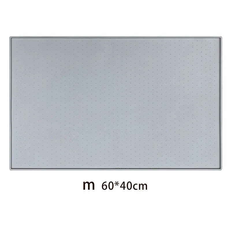 A rectangular gray silicone pet feeding mat with a non-slip surface and a silver border.
