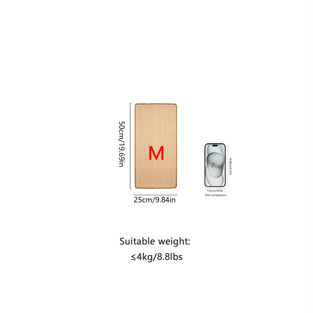 A rectangular natural sisal cat scratching mat with the letter M embossed on it, shown next to a smartphone for size comparis