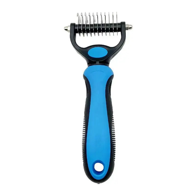 A blue professional pet deshedding brush for dogs and cats with metal teeth.