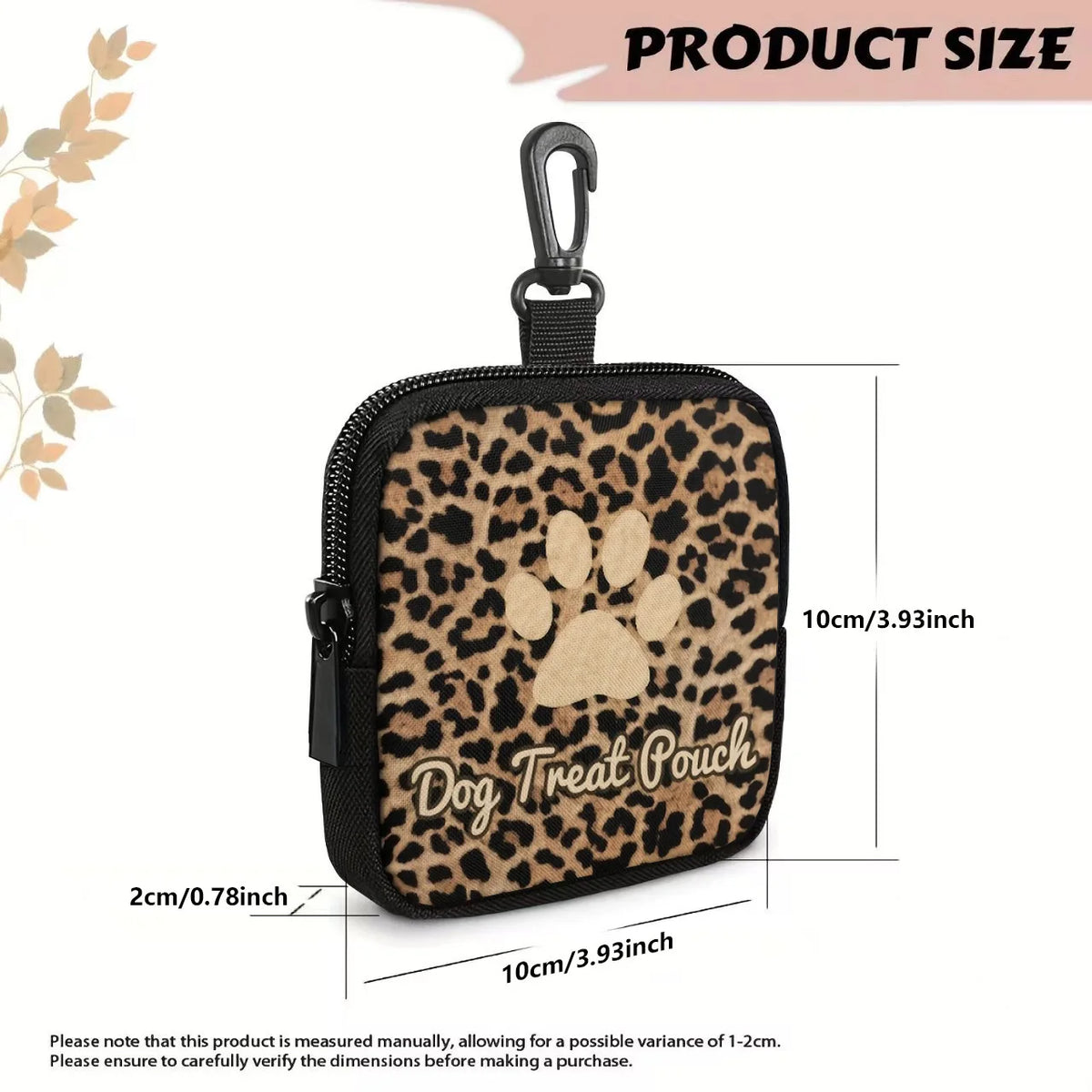 A black leather pet treat pouch with a leopard print paw design and a clip.