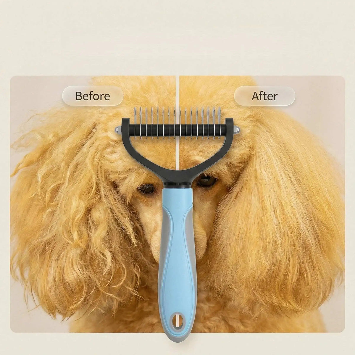 A blue stainless steel pet detangling comb is shown being used on a golden-colored dog's fur.