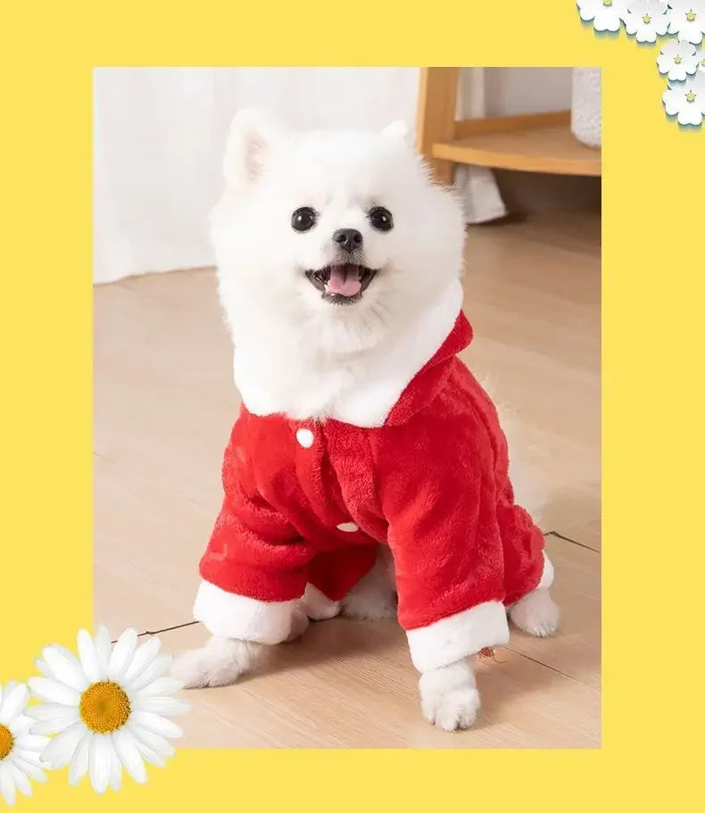 A white dog wearing a red cartoon animal pet costume jumpsuit.