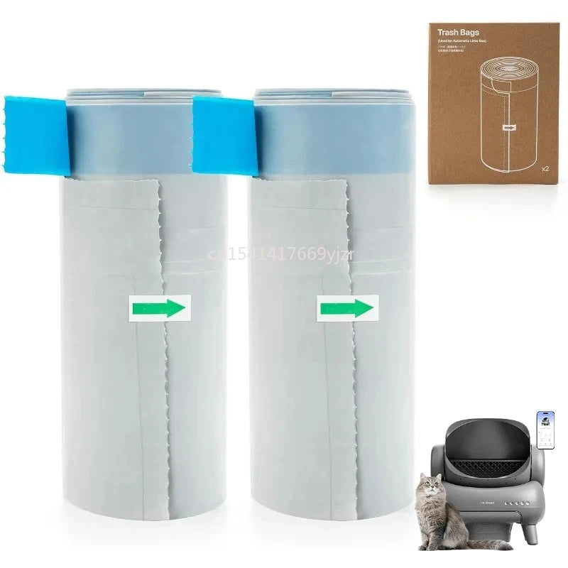 Two replacement parts for a cat litter box, including plastic bags and a cleaning tool, shown next to the original product.