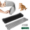 A hand is holding black prickly strips, with a cat nearby and various forms of the product shown.