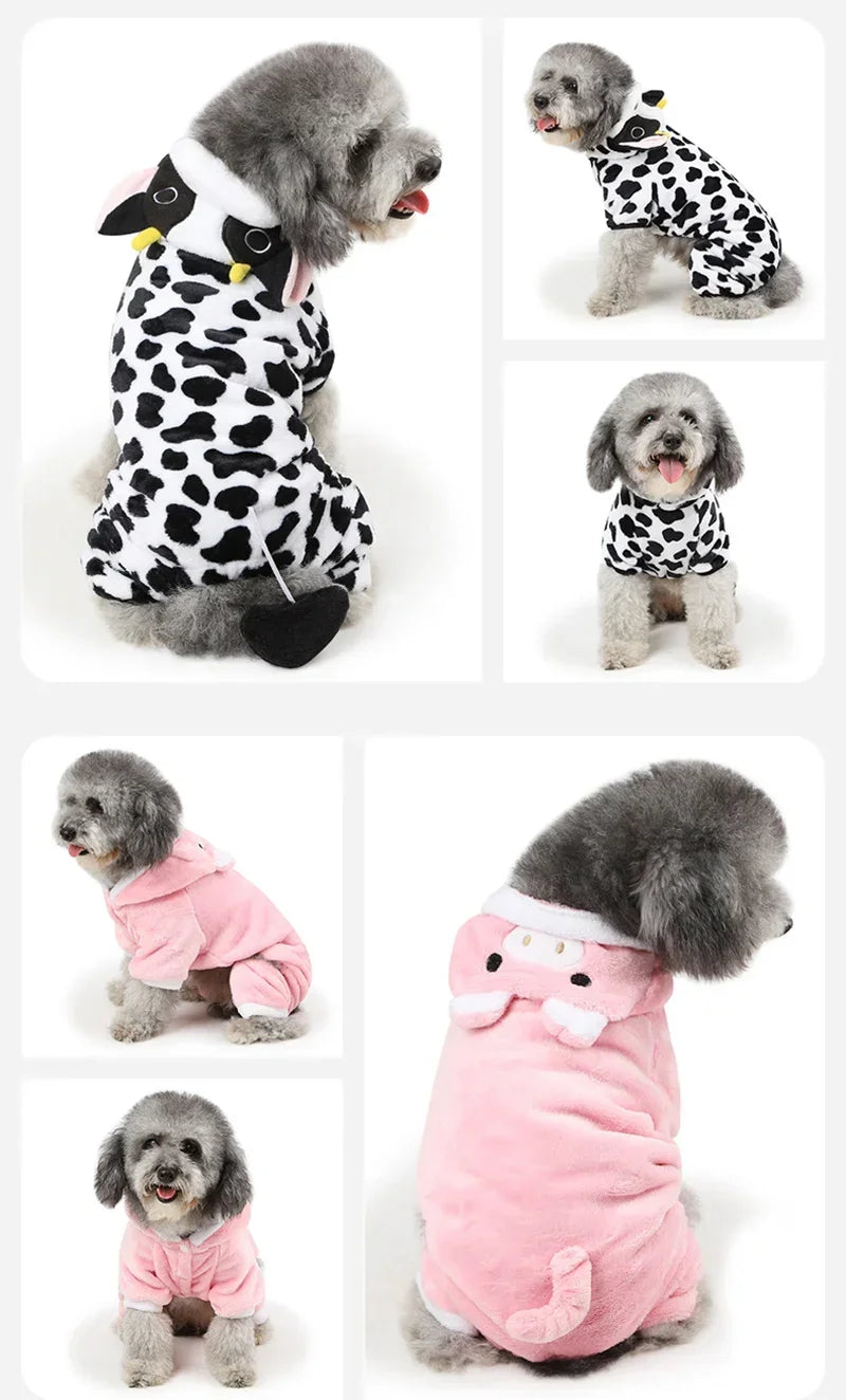 A gray poodle pet costume jumpsuit with black and white spots and a pink version.