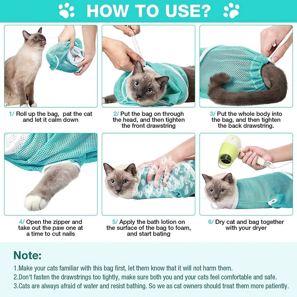 Instructions show how to use an adjustable mesh cat grooming bag for bathing and restraint.