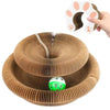 A brown accordion scratching board with a green ball and a paw print shape shown next to a hand.