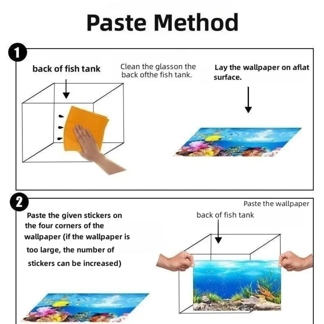 Anweisungen zur Klebe-Methode zum Anbringen von 3D-Aquarium-Hintergrundaufklebern an einem Fischbecken.