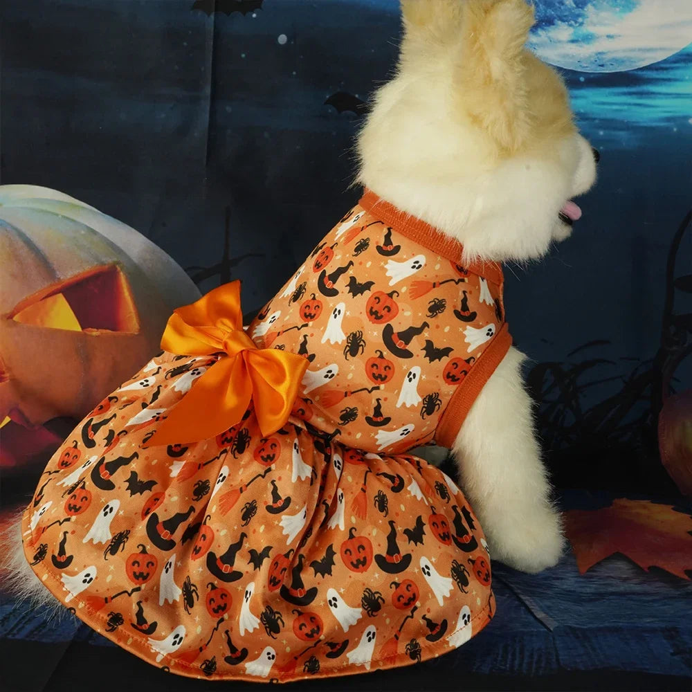 Halloween Dog Dress with Pumpkin & Bat Print