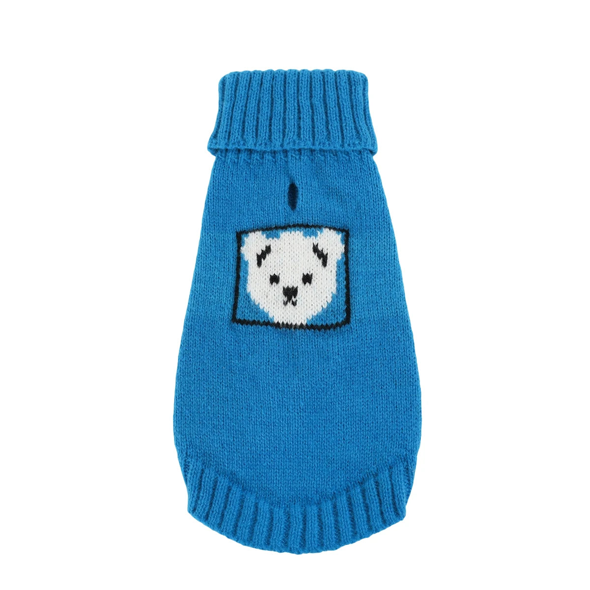 A bright blue knitted sweater for a dog featuring a white bear face design.