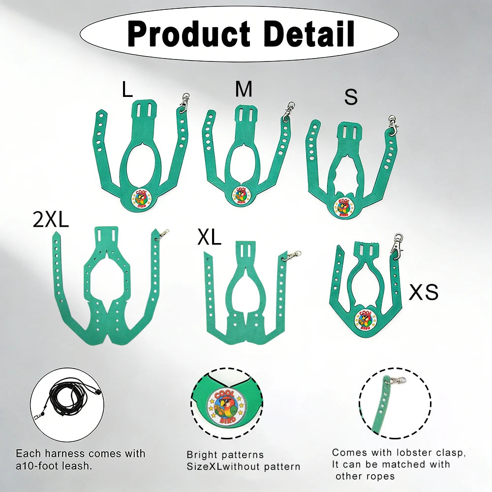 A set of adjustable parrot harnesses in various sizes (L to 2XL) with a matching elastic leash and lobster clasp.