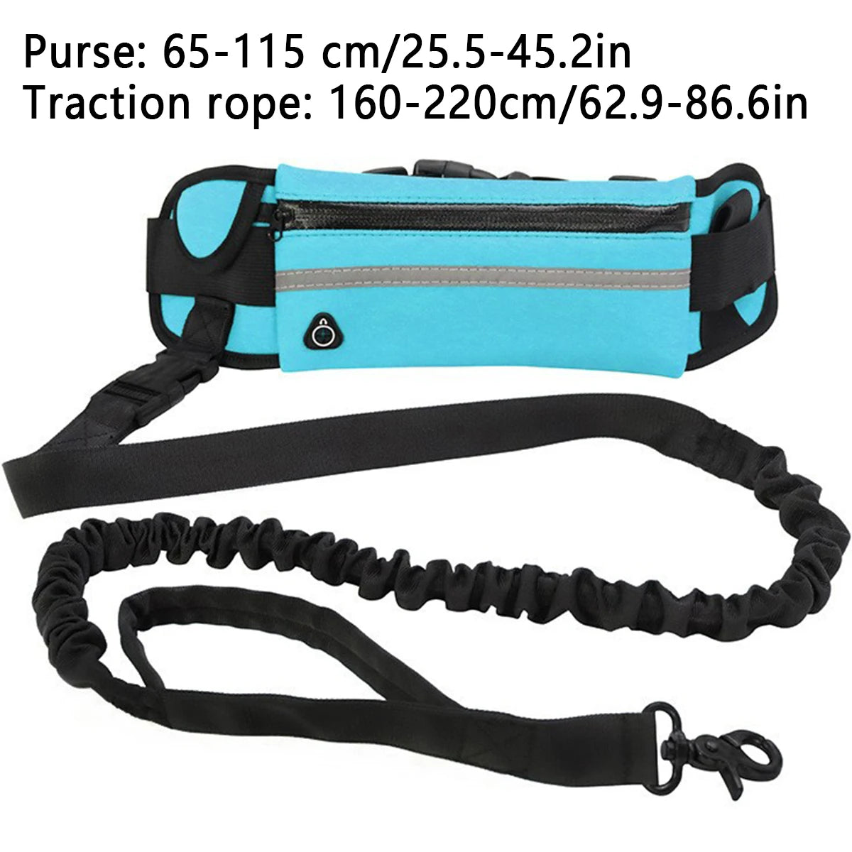 A turquoise hands-free dog leash with a waist bag and black strap is shown.