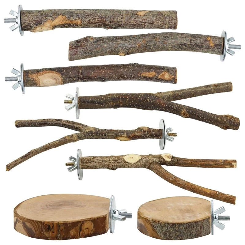 Eight pieces of natural wood branches used as a parrot perch stand for bird play and exercise
