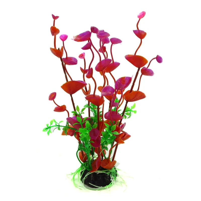 Artificial aquarium plant featuring vibrant purple and red flowers with green foliage.