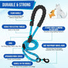 A blue and black reflective dual dog leash featuring a foam handle, ring, and a 360-degree rustproof swivel hook.