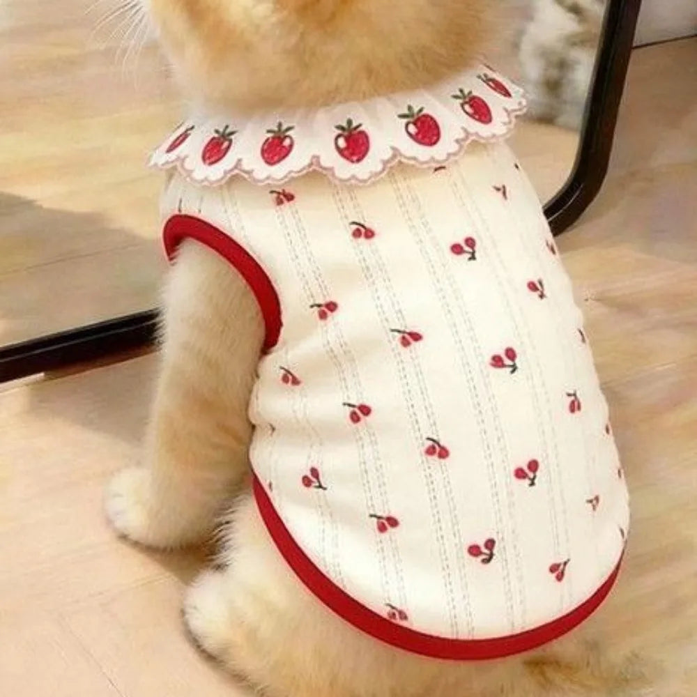 Ruffled Collar Cat Strawberry Vest with Cherry Pattern