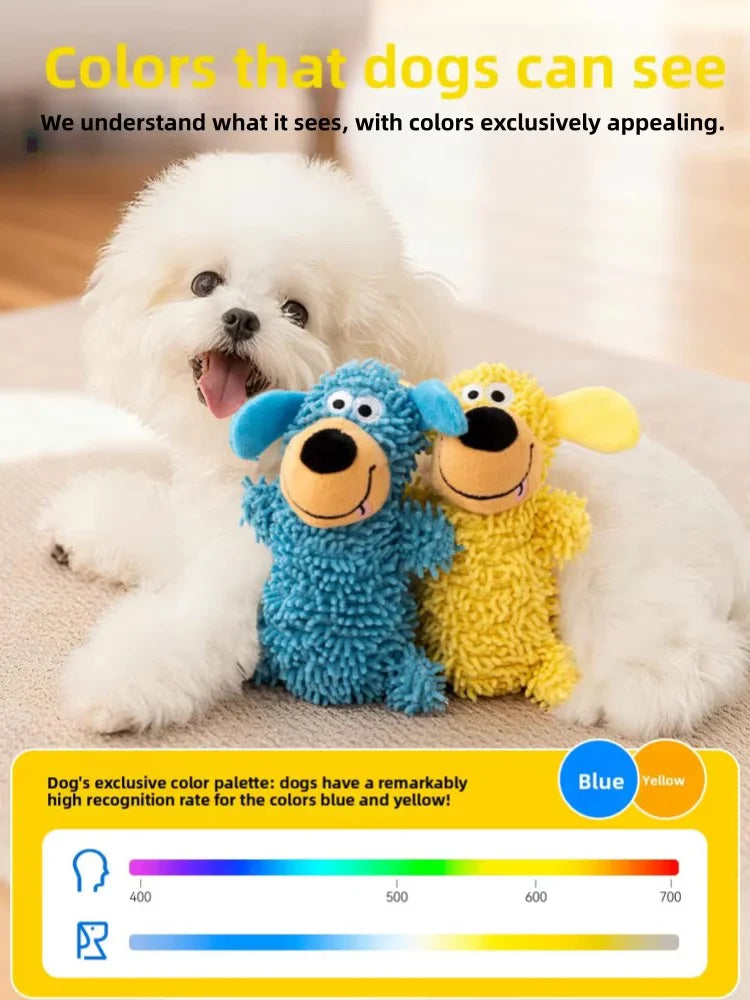 Three plush dog toys in blue, yellow, and white are shown with a color spectrum chart.