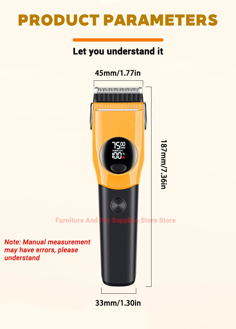 Professional Cordless Pet Grooming Clipper with LED Light and 6 Guide Combs
