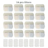 A collection of 16 replacement filters for pet water fountains, packaged in individual plastic holders.