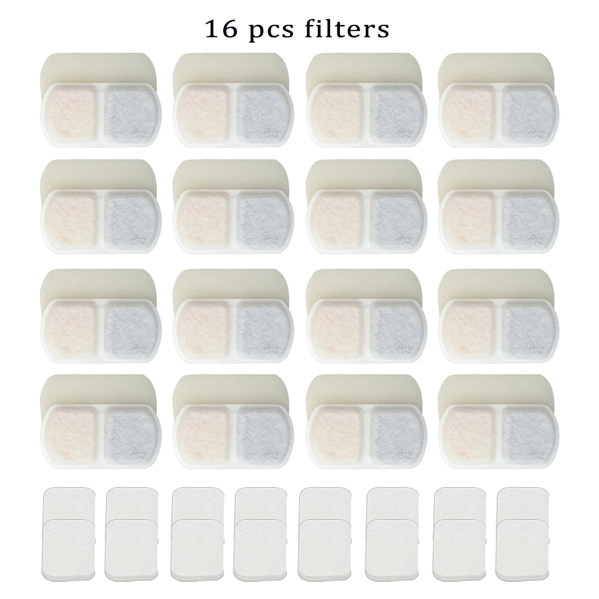 A collection of 16 replacement filters for pet water fountains, packaged in individual plastic holders.