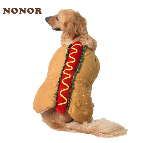 A dog wearing a cozy hot dog costume with a red striped body and yellow accents.