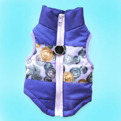 A purple quilted dog coat with a zipper and gold patterned fabric details.
