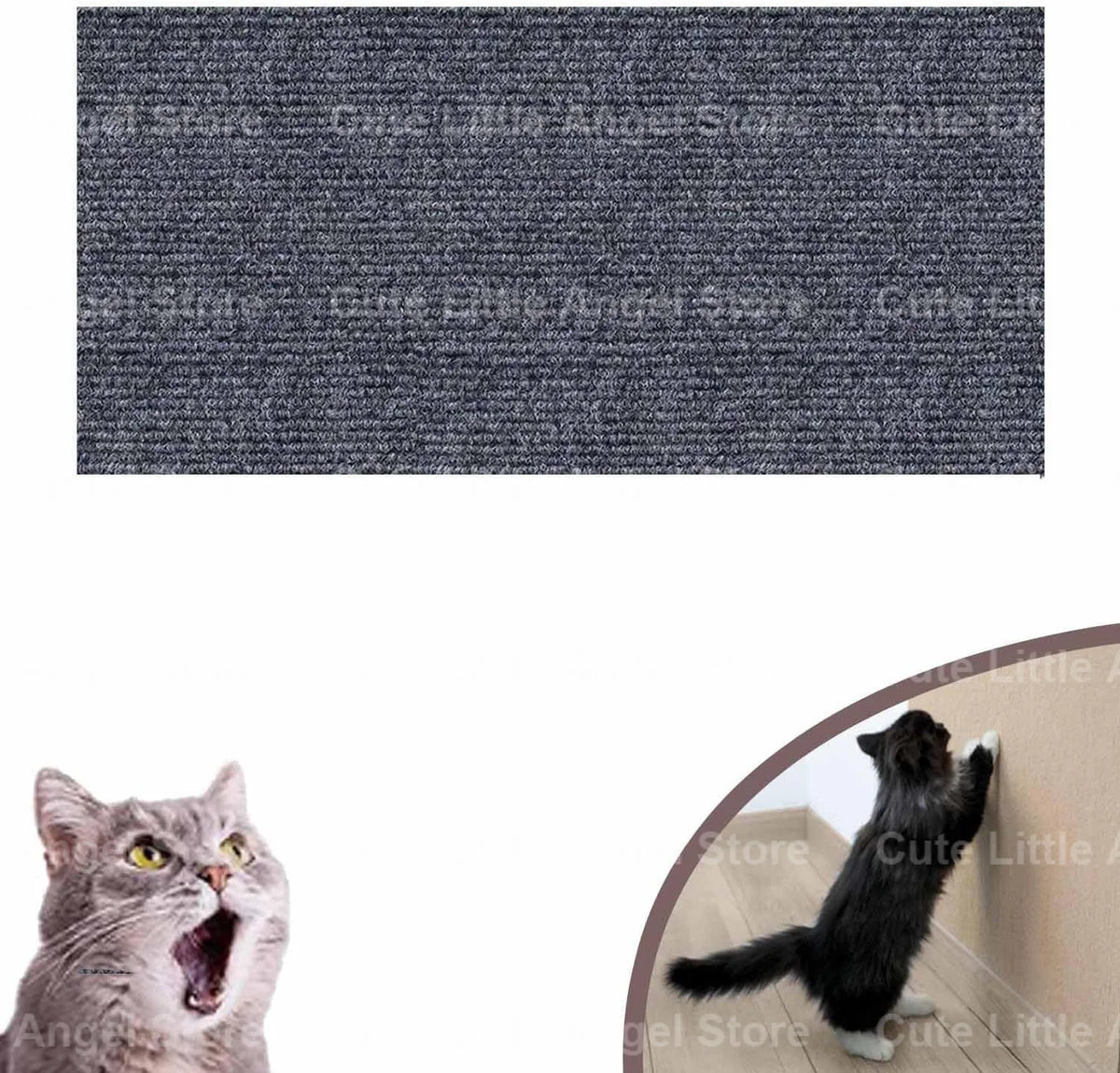 Gros plan d'une texture de griffoir pour chat autocollant gris foncé et d'un chat noir grattant un mur.