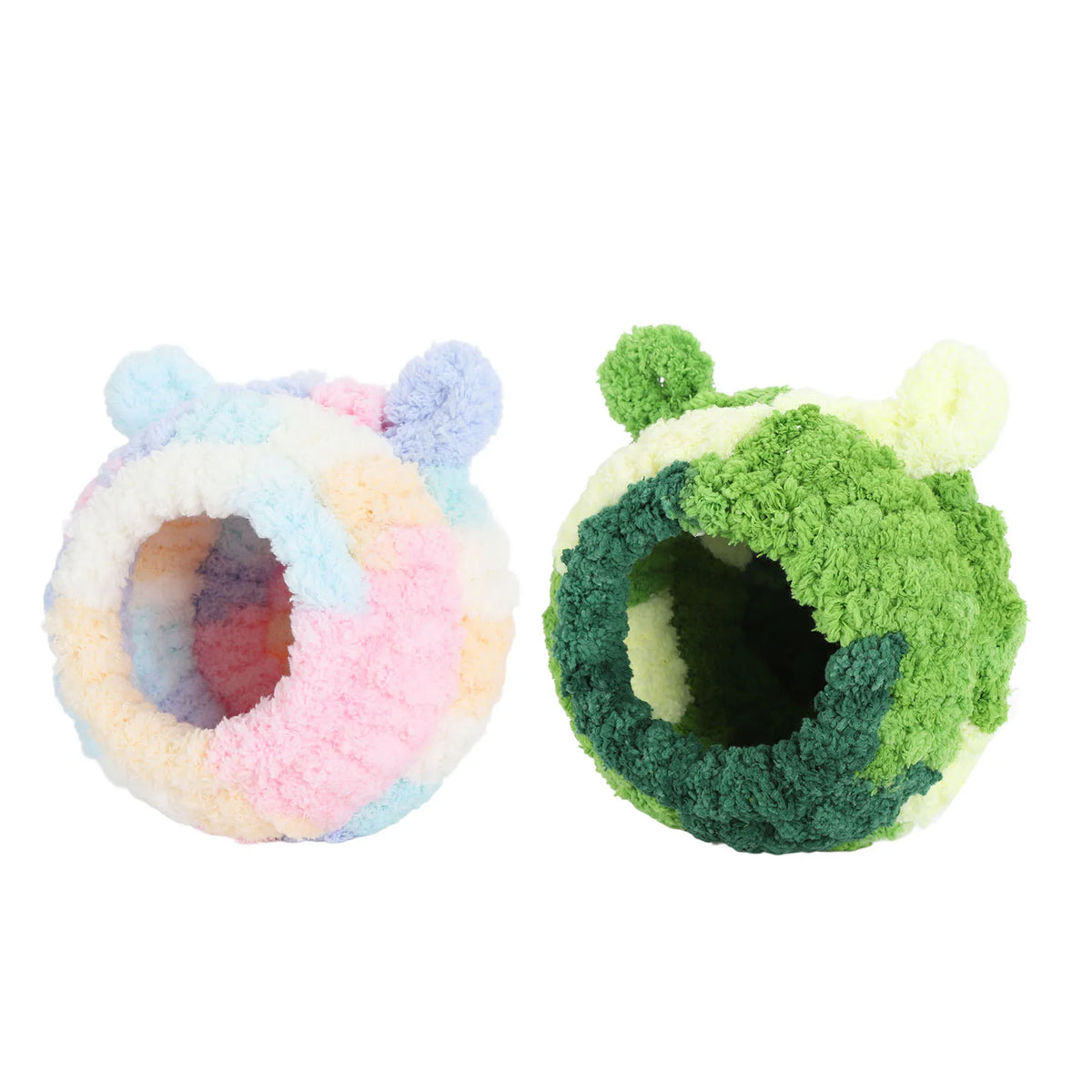A fluffy, round bird nest bed with colorful pastel and green velvet textures.