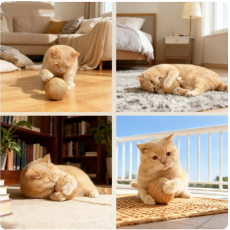 Ein flauschiger orange tabby Kater entspannt sich auf einer Sisal-Kratzballpuppe drinnen.