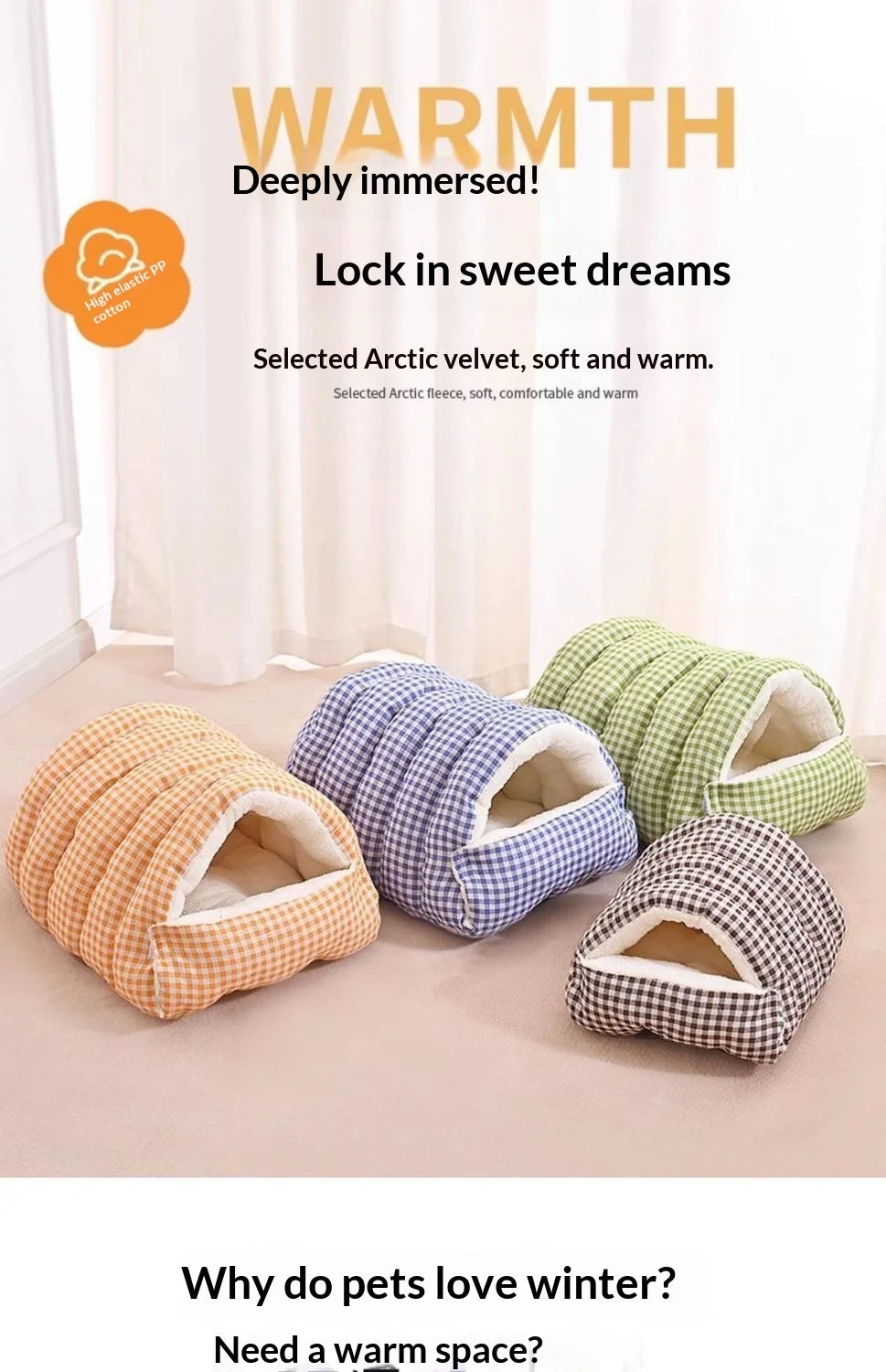 A collection of cozy cat beds in various plaid patterns and colors, designed for warmth and comfort.