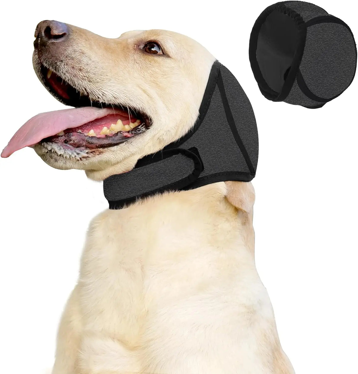 A light-colored dog is wearing a black adjustable ear cover designed for noise relief and calming.