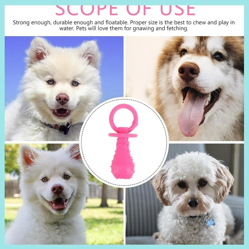 A group of fluffy white dogs enjoying a pet rubber pacifier chew toy for gnawing and fetching.